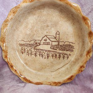 Vintage Stoneware Barn Design Pie Plate